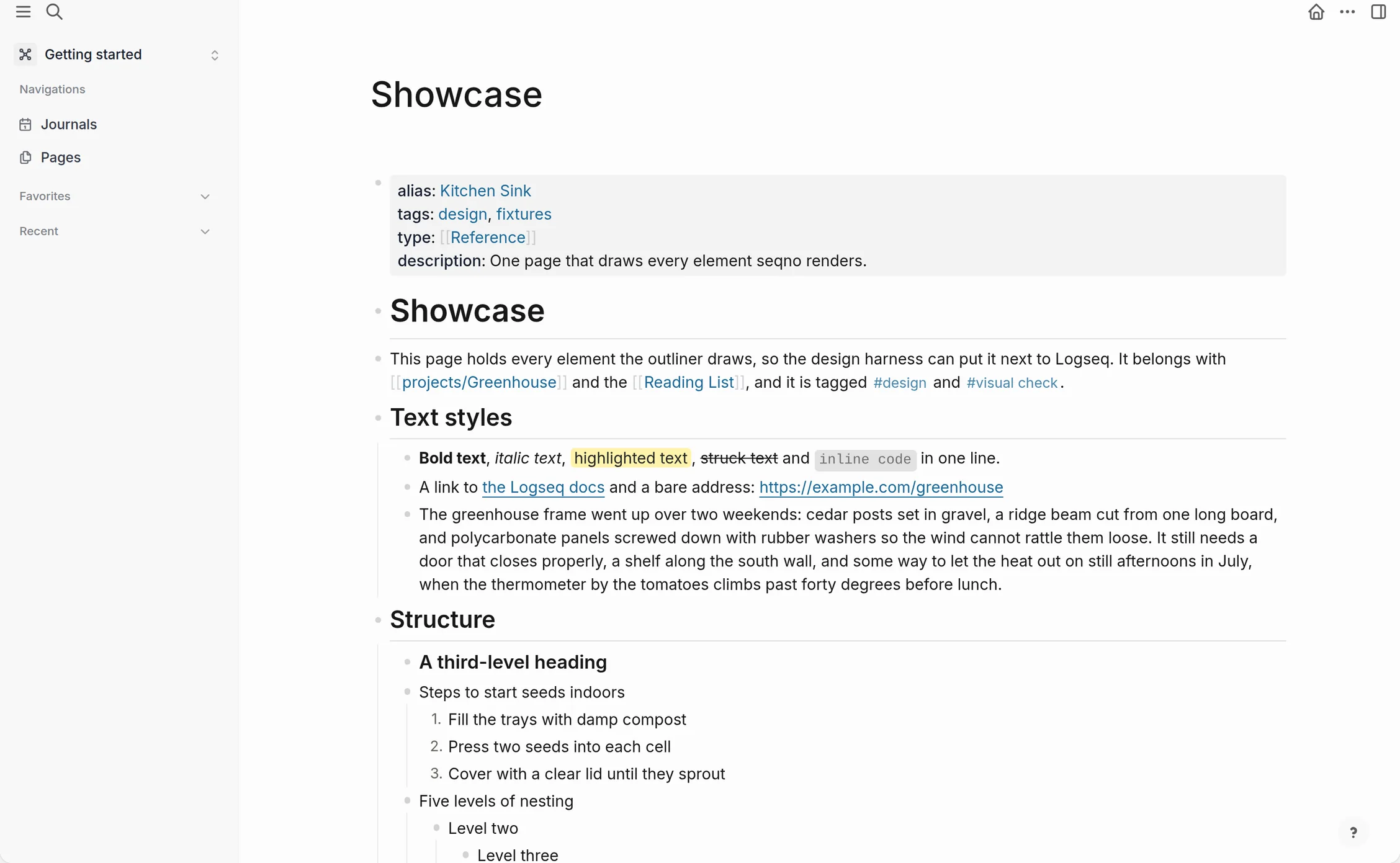 A seqno page with properties, headings, links, tags and nested blocks
